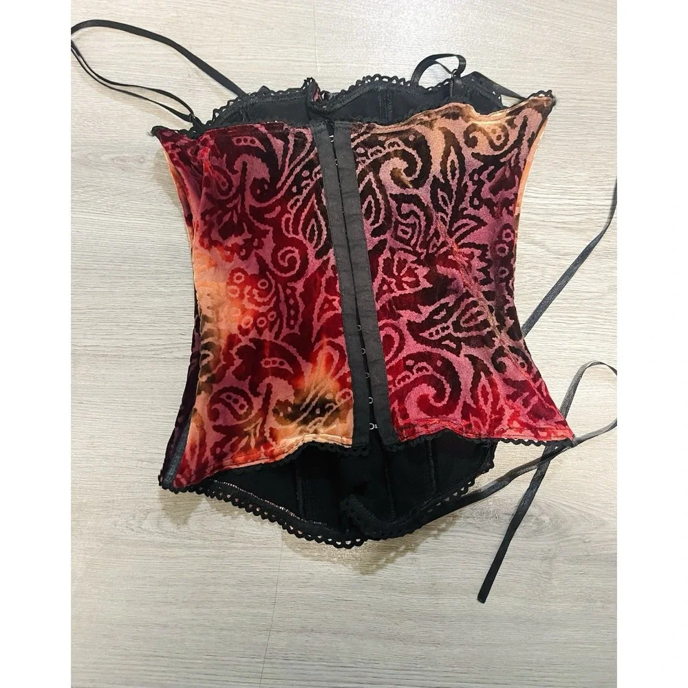 Y2K Red Velvet Burnout Lace-Up Corset Top Goth Fairy Grunge Bustier Cami M RARE - Picture 3 of 3